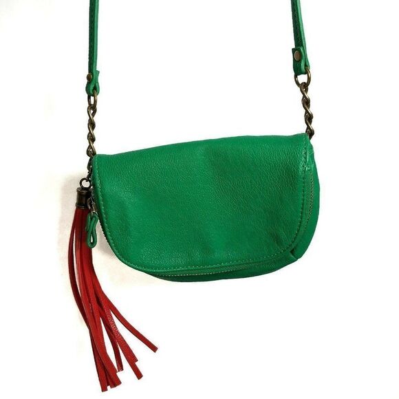 𝅺ECOTE Faux Leather Crossbody Shoulder Purse Kelly Green Tassel Chain Strap - Picture 4 of 8